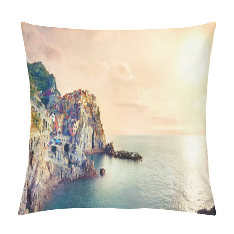 Personality  Panoramic View Of Manarola Resort Town And Waterfront With Bay At Sunset. Liguria, Ital Pillow Covers