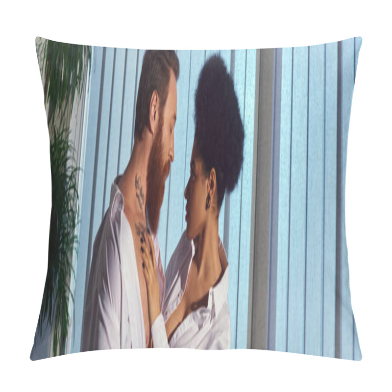 Personality  Office Romance, Bearded Tattooed Businessman And African American Woman Embracing At Night, Banner Pillow Covers