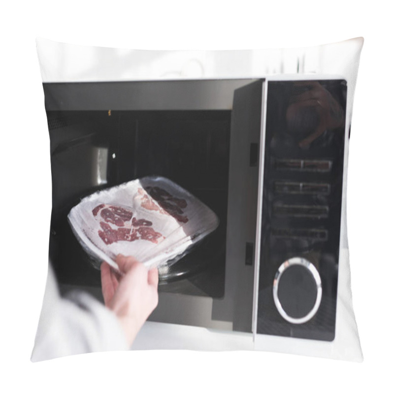 Personality  Cropped View Of Woman Putting Meat Into Microwave In Kitchen  Pillow Covers