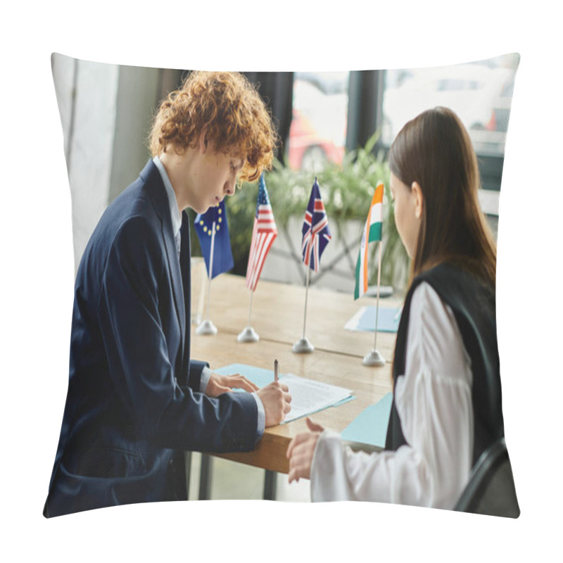 Personality  Teenagers Participate In A UN Model Conference, Engaging In Diplomacy And International Relations. Pillow Covers