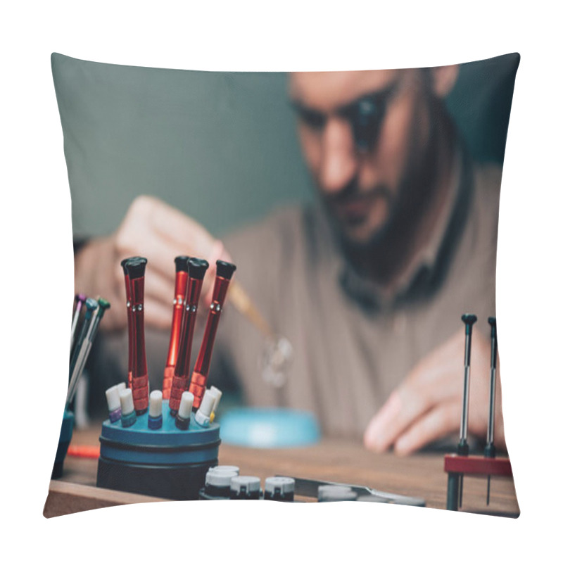 Personality  Selective Focus Of Screwdrivers And Equipment With Working Watchmaker At Table Pillow Covers