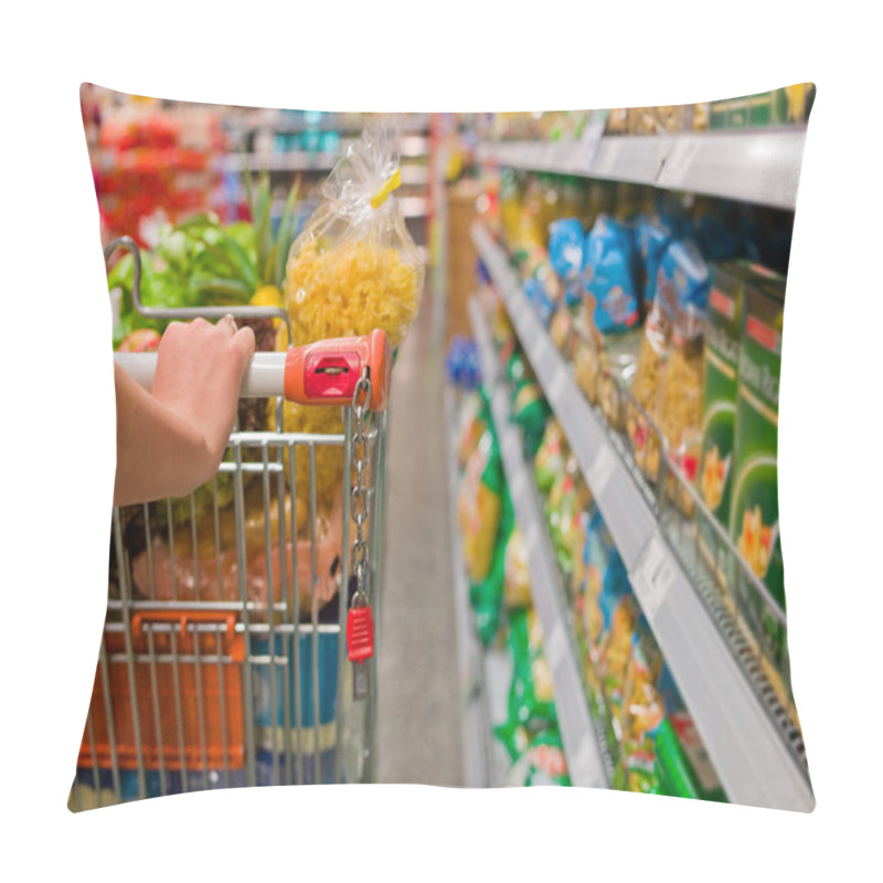 Personality  Woman With Shopping Cart In The Supermarket Pillow Covers