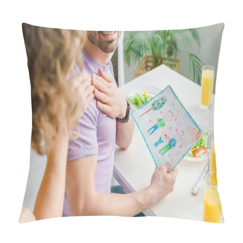 Personality  Cropped View Of Homosexual Men Holding Hands Near Picture With Family Lettering  Pillow Covers