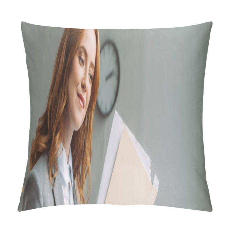 Personality  Positive Businesswoman Looking At Folder With Paper Sheets With Blurred Wall Clock On Background, Banner Pillow Covers