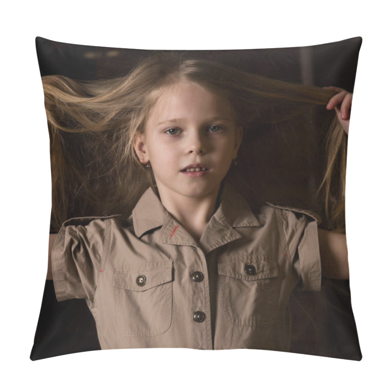 Personality  Funny Lovely Little Blonde Child With Different Emotions On A Dark Background. Beautiful Schoolgirl Holding Herself Hair Pillow Covers