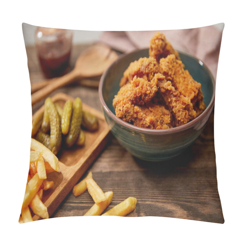 Personality  Selective Focus Of Delicious Chicken Nuggets, French Fries And Gherkins On Wooden Table Pillow Covers