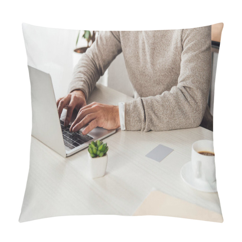 Personality  Cropped View Of Man Typing On Laptop Keyboard Beside Card With Copy Space On Table Pillow Covers