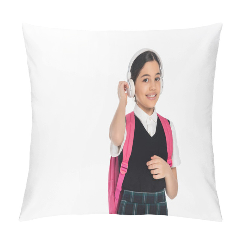 Personality  Music, Cheerful Schoolgirl In Wireless Headphones Looking At Camera Isolated On White, Student Pillow Covers