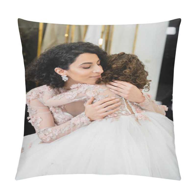 Personality  Charming Middle Eastern Bride With Wavy Hair In Stunning Wedding Dress Hugging Daughter In Cute Floral Attire In Bridal Salon, Shopping, Happiness, Special Moment, Togetherness, Blissful  Pillow Covers