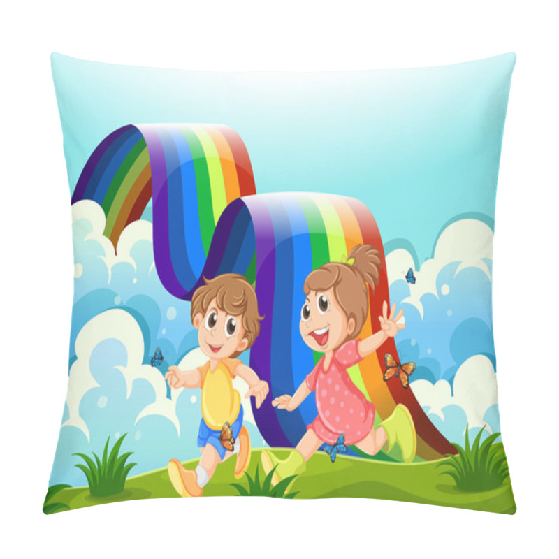 Personality  Happy Kids Playing At The Hilltop With A Rainbow Pillow Covers