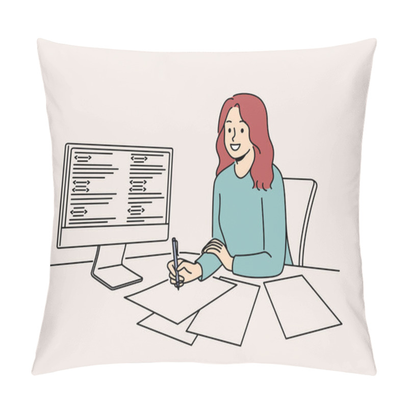 Personality  Smiling Girl Sit At Desk Working On Computer Taking Notes. Happy Woman Employee Study On PC Handwrite Data On Paper. Digital Learning And IT Class. Vector Illustration.  Pillow Covers