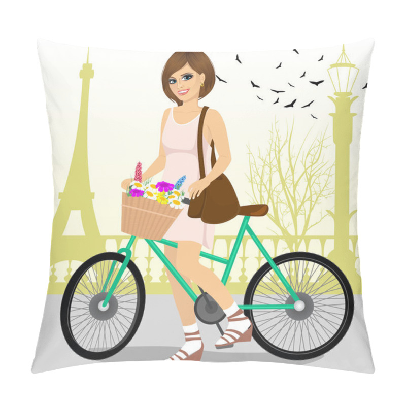 Personality  Woman Riding A Bike With A Basket Full Of Flowers Pillow Covers