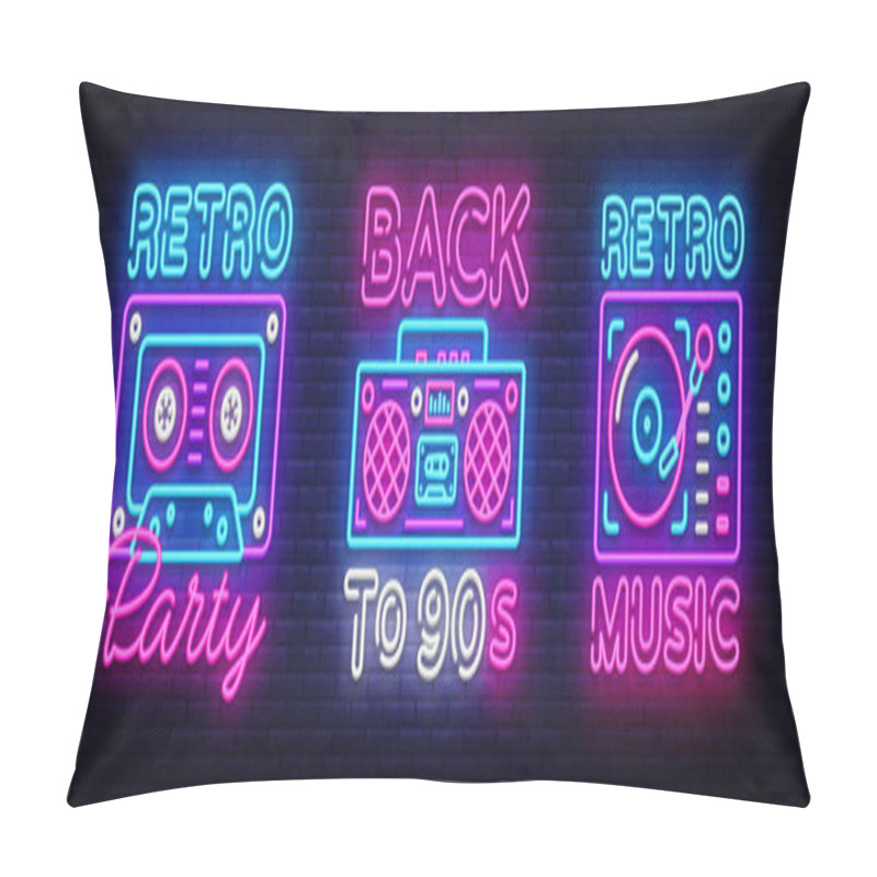 Personality  Back To 90s Neon Poster Collection, Card Or Invitation, Design Template. Retro Tape Recorder Cassettes Neon Sign, Gramophone Symbol, Light Banner. Back To The 90s. Vector Illustration Pillow Covers