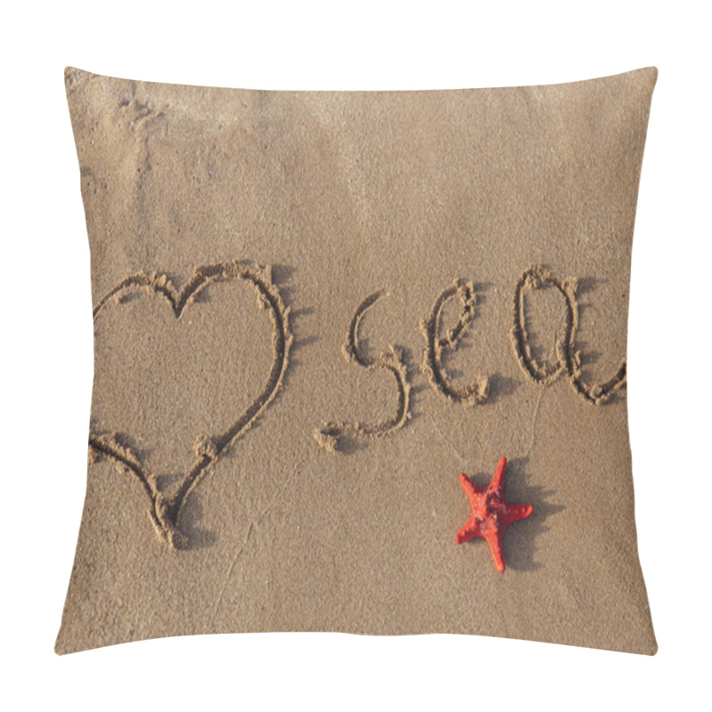 Personality  Top View Of Heart Sign With Lettering Sea And Red Starfish On Sand  Pillow Covers