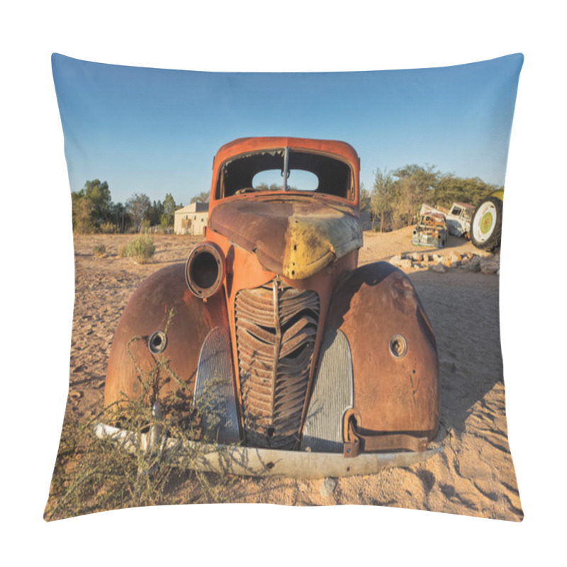 Personality  Old And Abandoned Car In The Desert Of Namibia. Solitaire. With The Beautiful Light Of The Sunrise. Pillow Covers