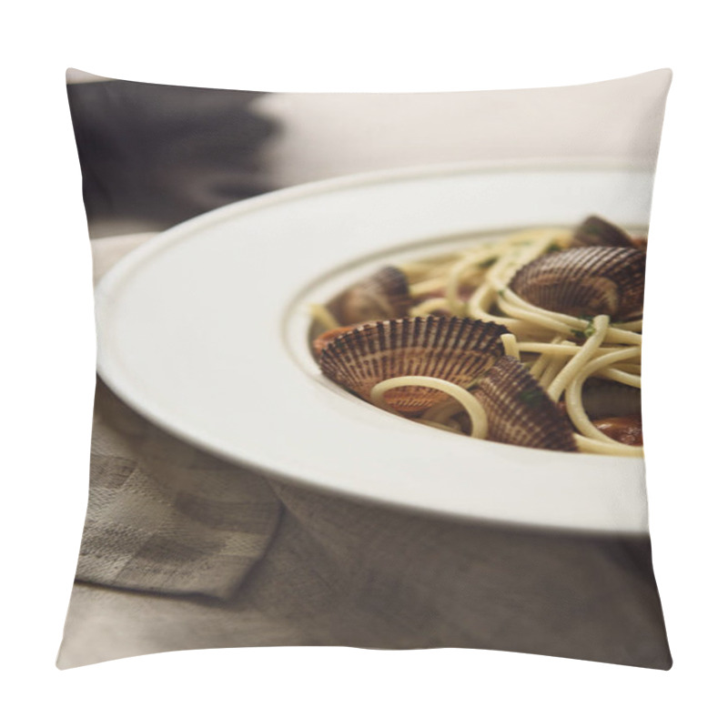 Personality  Close Up View Of Delicious Pasta With Mollusks On Napkin Pillow Covers