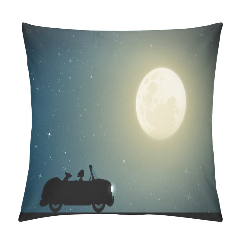 Personality  Cartoon Retro Car On Road On Moonlit Night. Vector Illustration With Silhouettes Of Woman And Dog Traveling In Camper. Family Road Trip. Full Moon In Starry Sky Pillow Covers