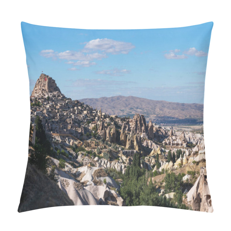 Personality  Evening View Of Uchisar Castle In Cappadocia, Turkey, With Ancient Cave Dwellings Carved Into The Rugged Landscape That Stand As Silent Witnesses To Centuries Of History. Pillow Covers