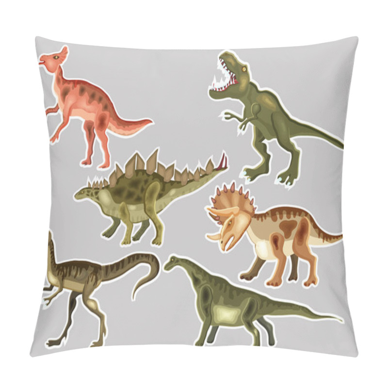 Personality  T-REX,  Tyrannosaur, Velociraptor, Triceratops, Brontosaurus, Parasaurolophus, Stegosaurus. Cute Vector Cartoon  Set Of A Dinosaurs,  Patches And Stickers Collection.  Pillow Covers