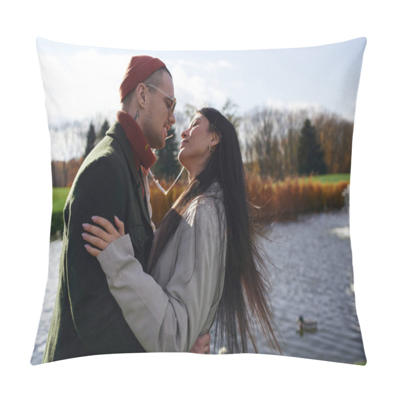 Personality  A Couple Embraces By A Serene Pond, Wrapped In Cozy Autumn Attire, Enjoying Each Others Warmth. Pillow Covers