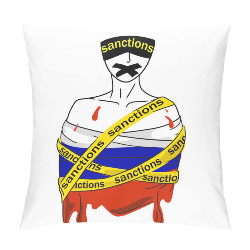 Personality  War Between Russia And Ukraine. A Woman Wrapped In A Russian Flag Does Not See,not Speak, Hear Isolation From The World. Imposing Sanctions Against Russia, Vector Illustration On A White Background. Pillow Covers