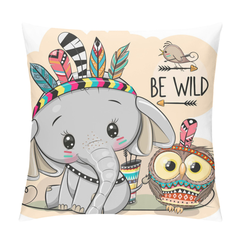 Personality  Cartoon Tribal Elephant And Owl With Feathers Pillow Covers