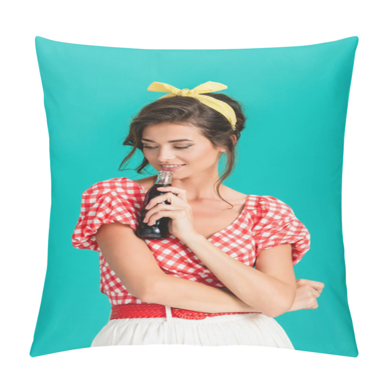 Personality  Happy Pin Up Woman Smiling While Holding Bottle Of Soda Isolated On Turquoise Pillow Covers