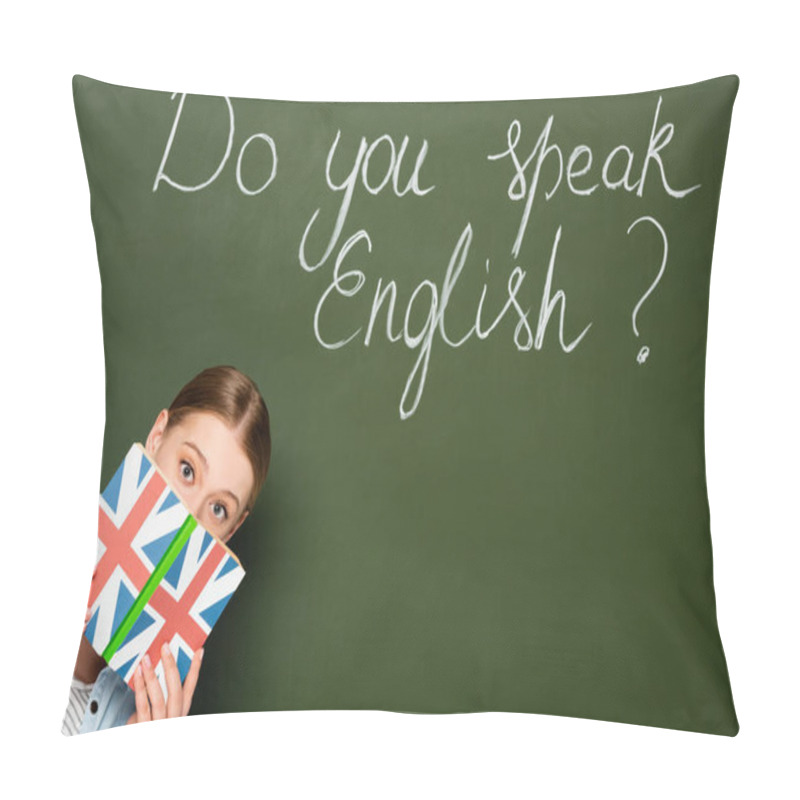 Personality  Pretty Girl With Obscure Face Holding Book With Uk Flag Near Chalkboard With Do You Speak English Lettering Pillow Covers