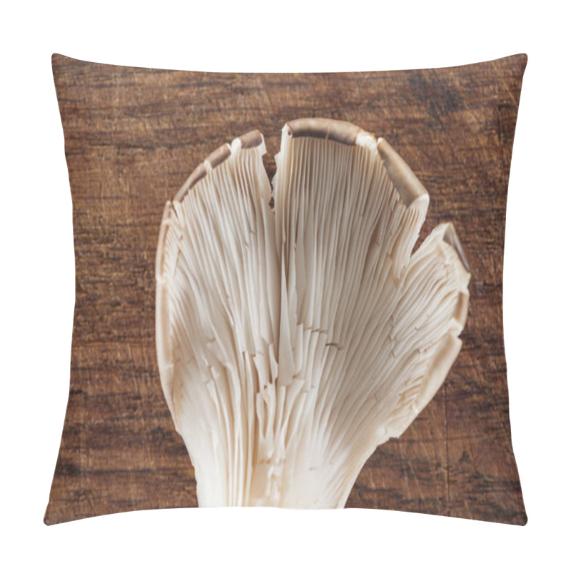 Personality  Close Up View Of Raw White Mushroom On Textured Wooden Background Pillow Covers