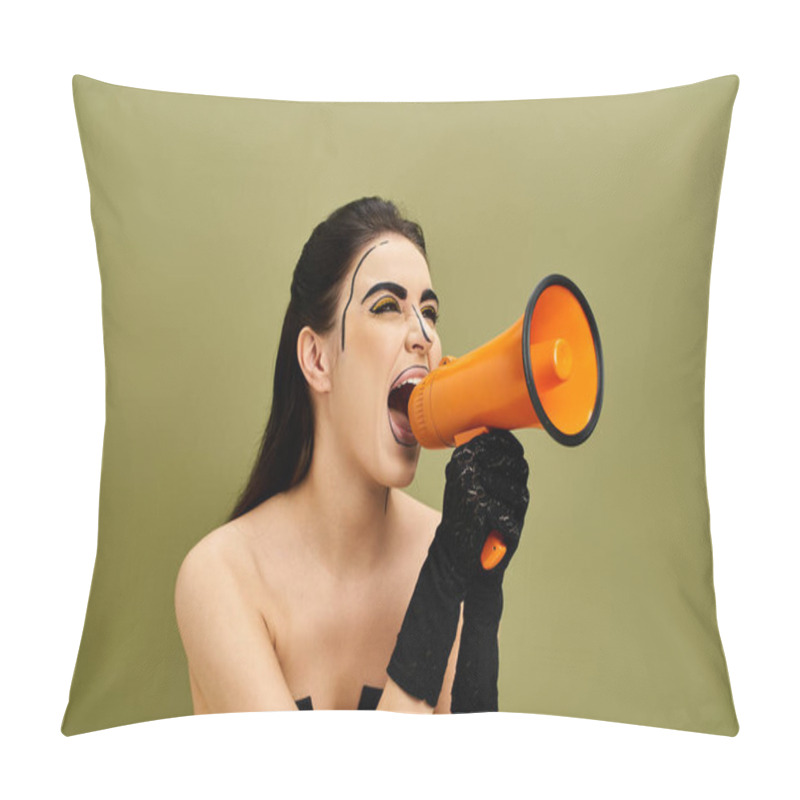 Personality  A Brunette Woman With Pop Art Makeup Holds A Megaphone, Ready To Speak Out With Determination And Confidence. Pillow Covers