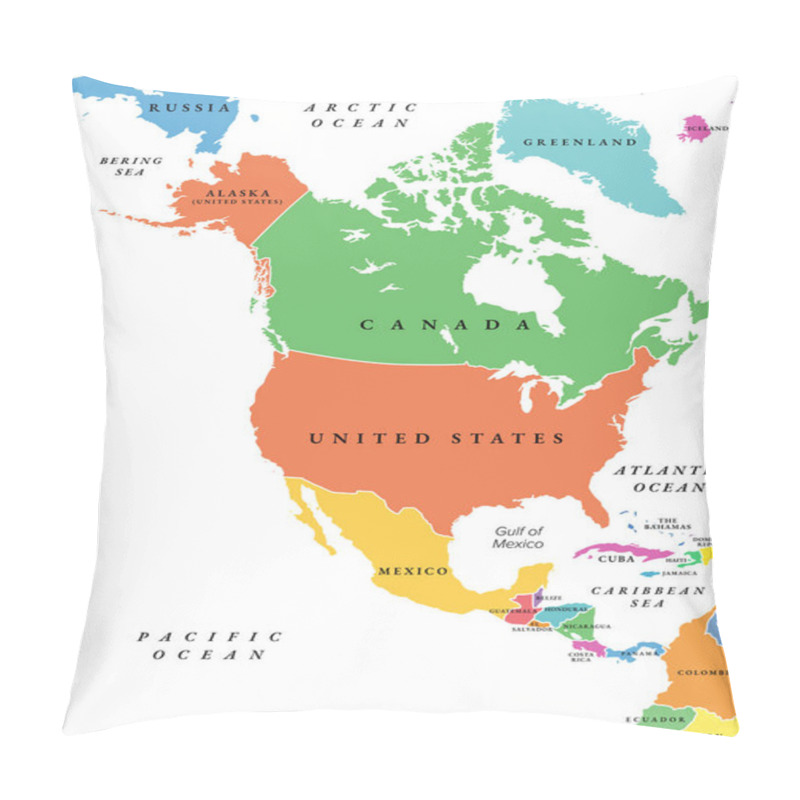 Personality  North America Countries, Political Map. Continent Bordered By South America, Caribbean Sea, And By Arctic, Atlantic And Pacific Ocean. Canada, United States, Mexico, Etc. Multi Colored Illustration. Pillow Covers