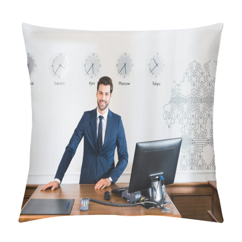 Personality  Cheerful Receptionist In Suit Standing Near Computer Monitor In Hotel  Pillow Covers