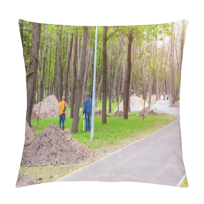 Personality  Workers And Engineer Measuring Distance With Special Gauge Tool. Municipal Park Renewal And Landscape Gardening. City Recreation Area Construction Pillow Covers