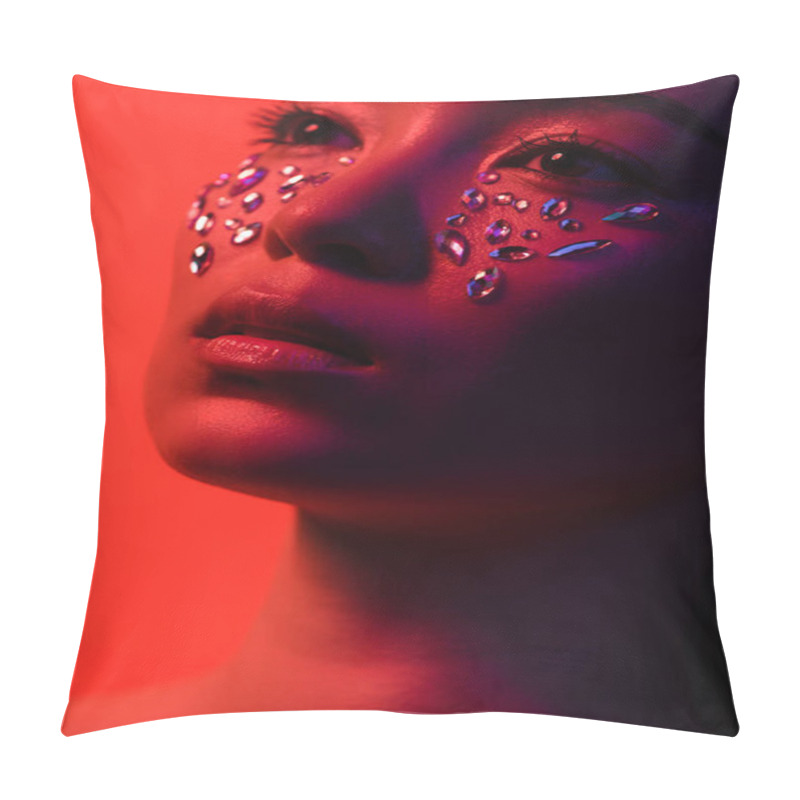 Personality  Beautiful Asian Girl With Rhinestones On Face Isolated On Red Pillow Covers