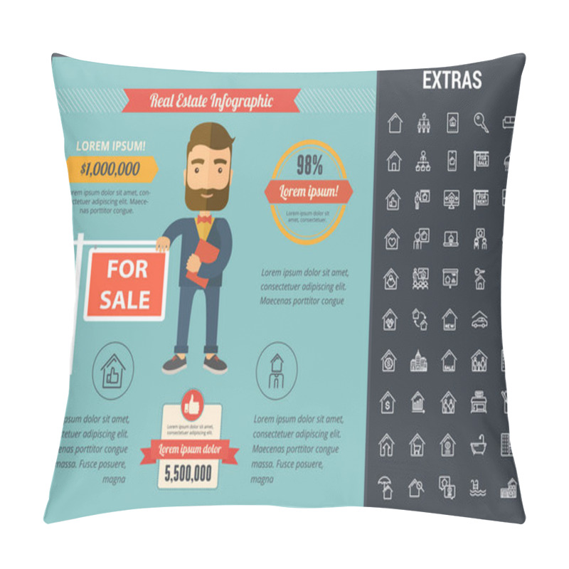 Personality  Real Estate Infographic Template, Elements, Icons. Pillow Covers