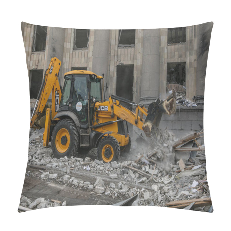 Personality  UKRAINE, KHARKIV, 01 MARCH 2022: View Of The Ruined City Center Of Kharkiv. Russia's Invasion Of Ukraine. Pillow Covers