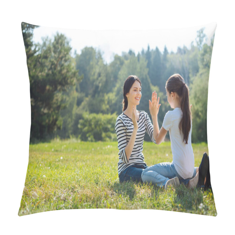 Personality  Upbeat Mother And Daughter Playing Pat-a-cake Outdoors Pillow Covers