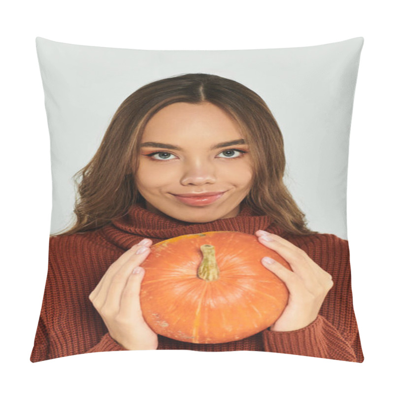 Personality  A Young, Beautiful Woman Smiles While Holding A Vibrant Pumpkin, Embracing The Halloween Vibes. Pillow Covers