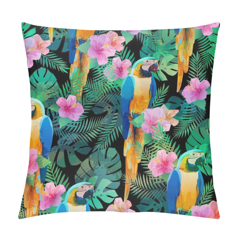 Personality  Seamless Pattern With Exotic Hibiscus Flowers, Parrot, Palm Leaves. Pillow Covers