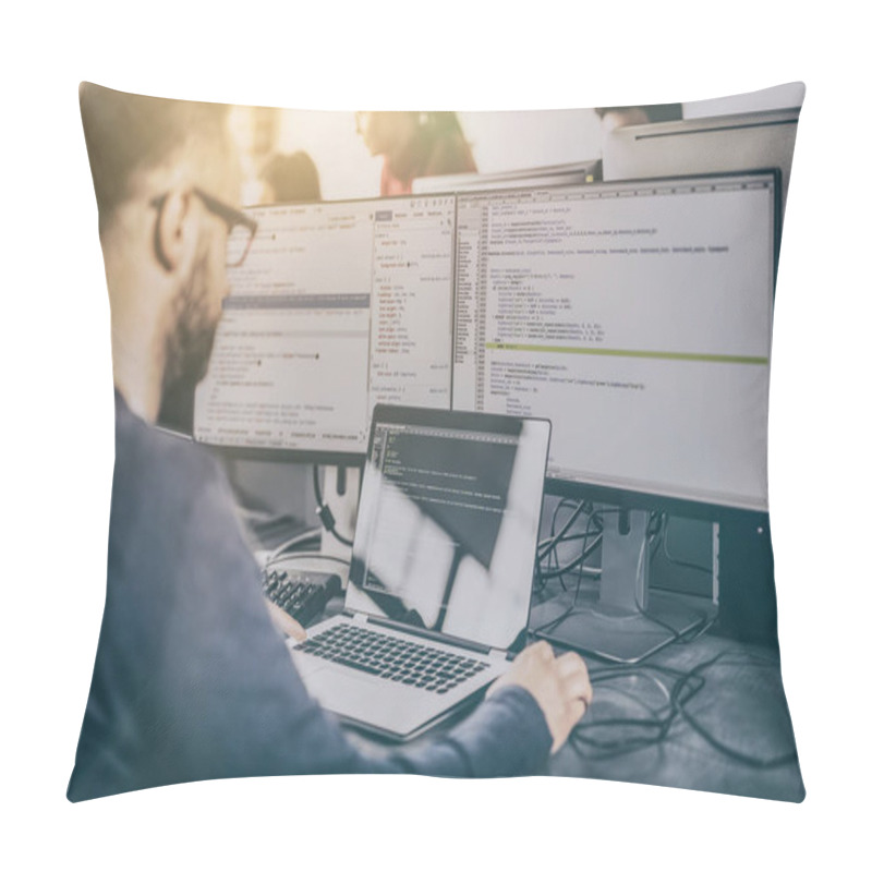 Personality  Programmer Working On Software In Company Office. Pillow Covers