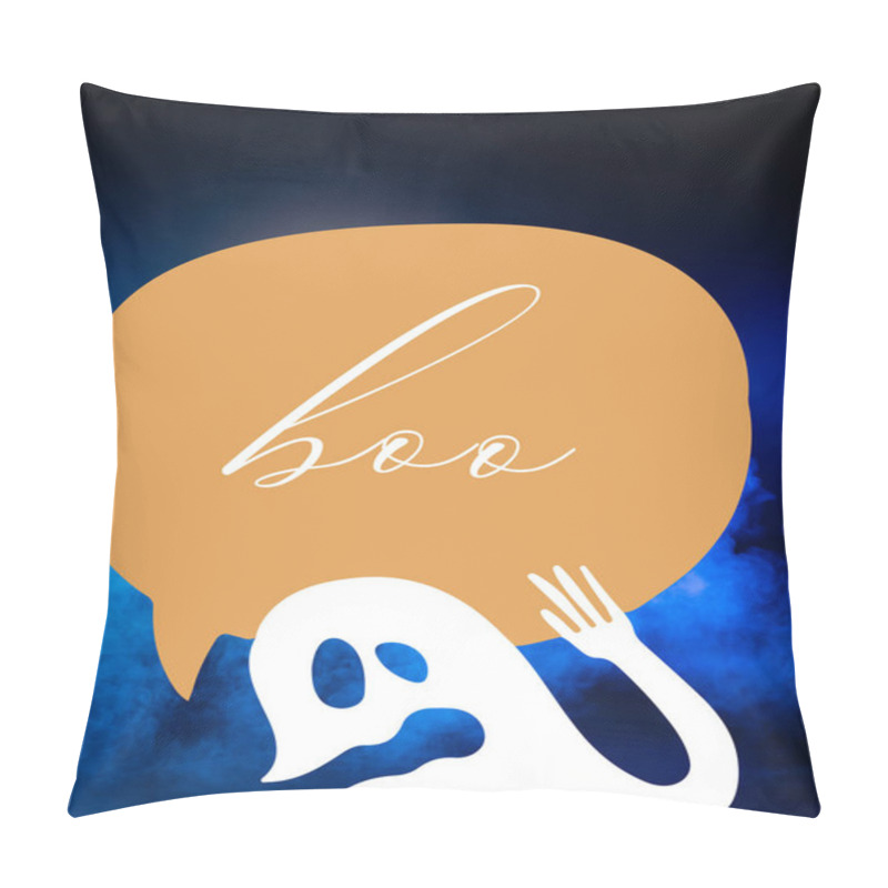 Personality  Speech Bubble With Boo Lettering And Ghost Illustration On Dark Blue Background  Pillow Covers