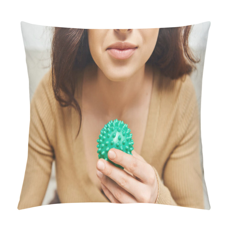 Personality  Cropped View Of Young Brunette Woman In Blurred Jumper Holding Manual Massage Ball In Blurred House, Body Relaxation And Holistic Wellness Practices, Balancing Energy Concept Pillow Covers