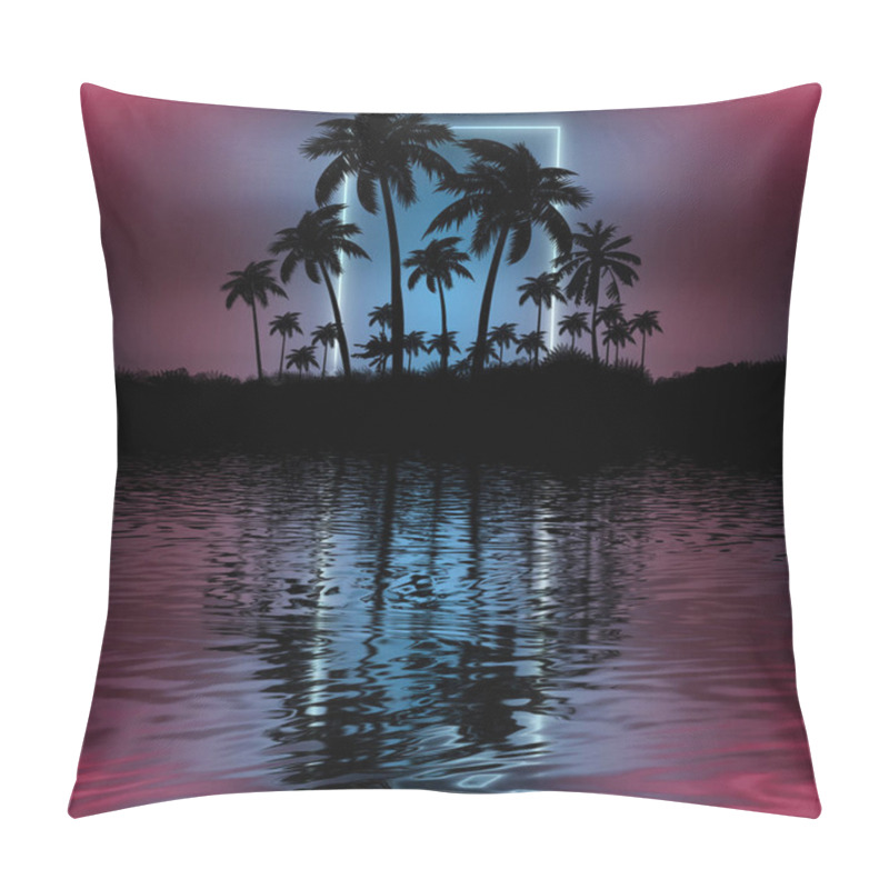 Personality  Night Landscape With Palm Trees, Against The Backdrop Of A Neon Sunset, Stars. Silhouette Coconut Palm Trees On Beach At Sunset. Space Futuristic Neon Landscape. Beach Party. 3D Illustration. Pillow Covers