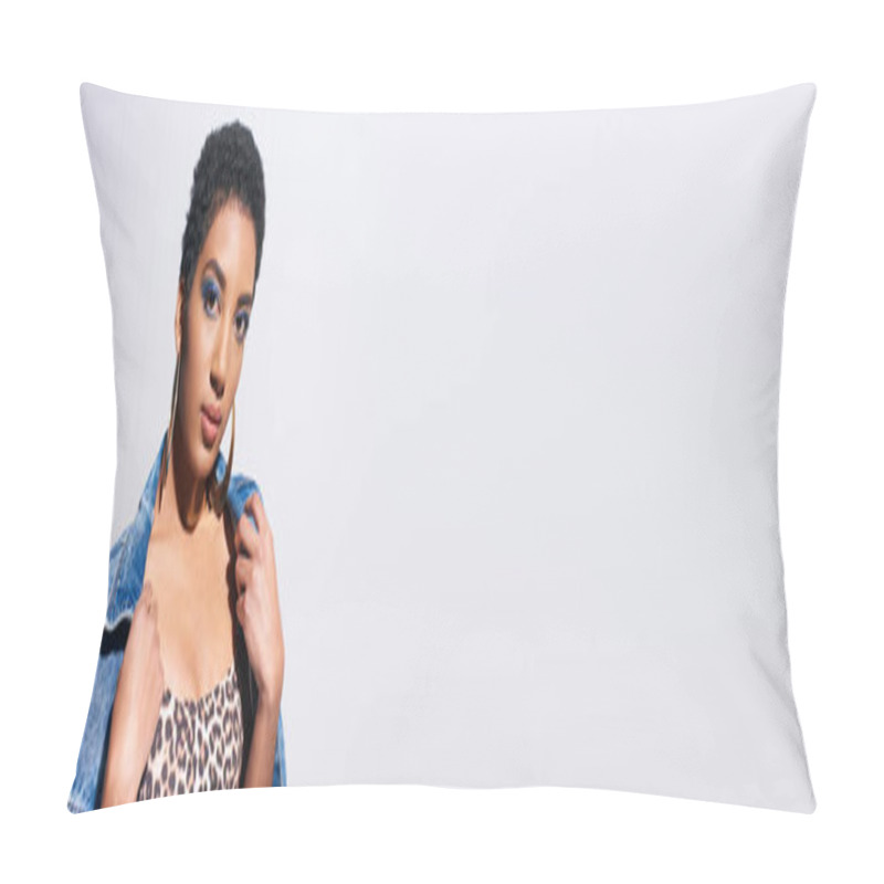 Personality  Fashionable African American Woman With Vivid Makeup And Golden Earrings Wearing Denim Jacket While Posing In Top With Animal Print Isolated On Grey, Denim Fashion Concept, Banner  Pillow Covers