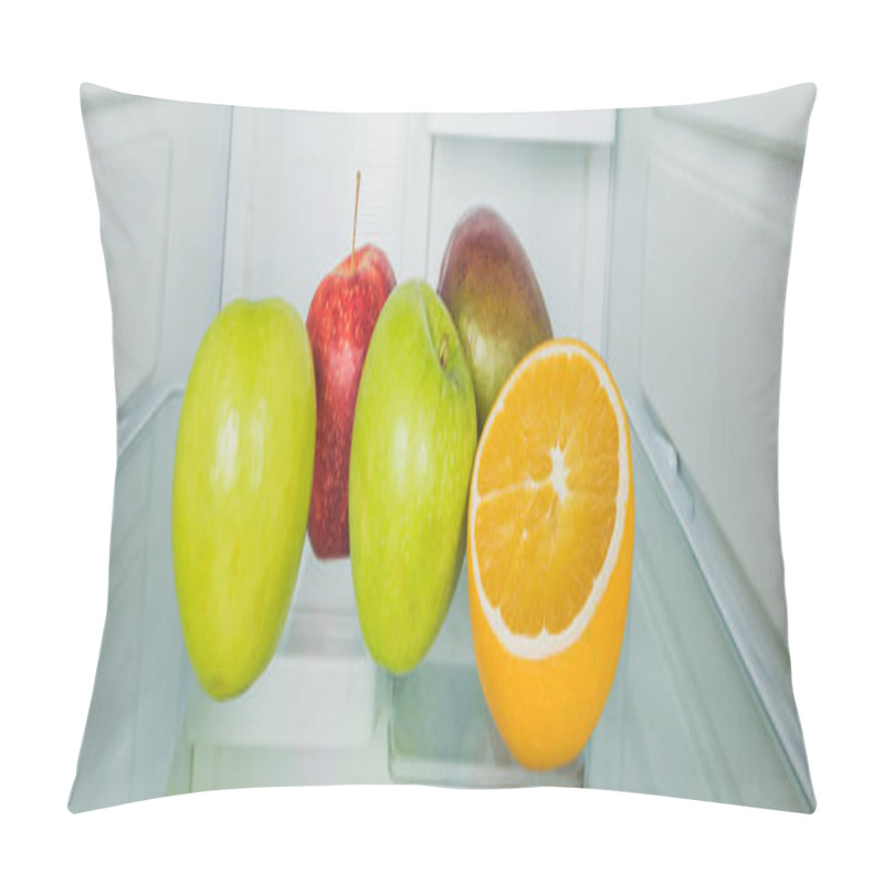 Personality  Panoramic Shot Of Fresh Mango With Apples And Orange Slice On Refrigerator Shelf  Pillow Covers