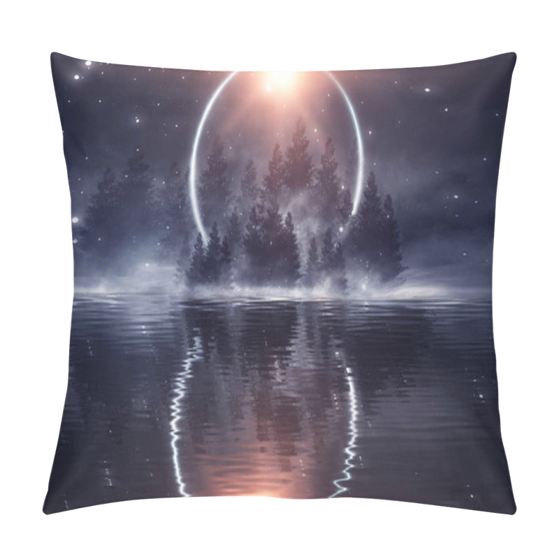 Personality  Dark Cold Futuristic Forest. Dramatic Sccna With Trees, Big Moon, Moonlight. Smoke, Shadow, Smog, Snow. Night Forest Landscape Reflection In The River, Sea, Ocean. Pillow Covers