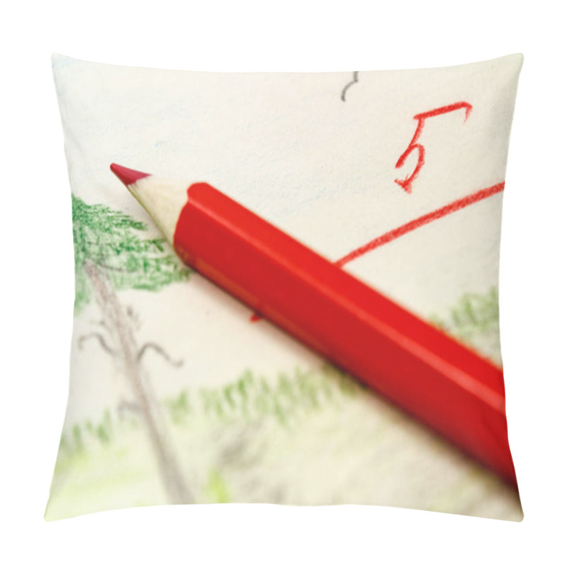 Personality  Red Pencil On The Background Of Children's Drawings With The Teacher's Assessment Pillow Covers