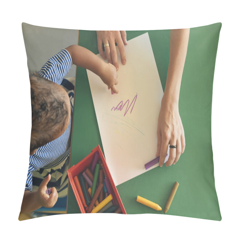 Personality  Little Child And Mother Are Drawing On A Paper. Pillow Covers