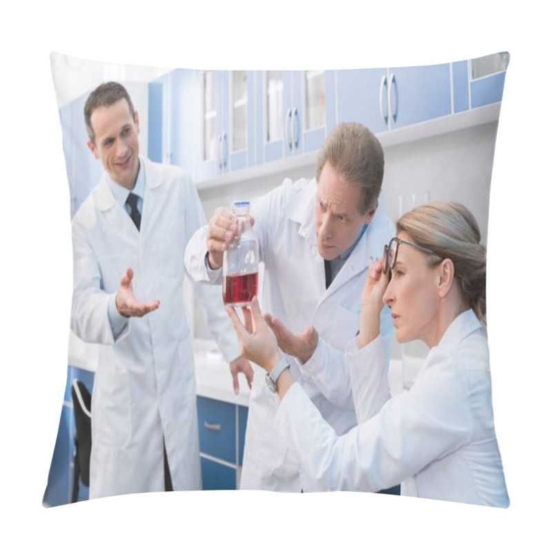 Personality  Scientists Examining Flask With Reagent Pillow Covers