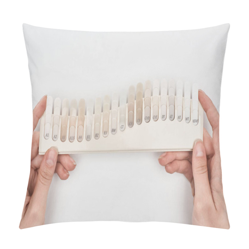 Personality  Cropped View Of Woman Holding Teeth Palette Isolated On White  Pillow Covers